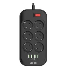 Perfeo LD_B4436  LDNIO SE6403/ Сетевой удлинитель 2м + ЗУ на 4 USB/ 6 розеток (медь) - 2500W/ USB - 17W/ Black&Gray