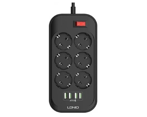 [Сетевые фильтры] Perfeo LD_B4436  LDNIO SE6403/ Сетевой удлинитель 2м + ЗУ на 4 USB/ 6 розеток (медь) - 2500W/ USB - 17W/ Black&Gray