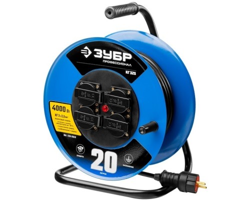 [Разное] ЗУБР удлинитель на катушке, 30 м, 4000 Вт, 4 гнезда, IP44, КГ 3х2,5 кв мм, ЗУБР Профессионал [55079-30_z01]