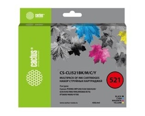 [расходные материалы] Картридж струйный Cactus CS-CLI521BK/M/C/Y черный/голубой/желтый/пурпурный набор (33.6мл) для Canon Pixma iP3600/iP4600/iP4700/MP540/MP550/MP560/MP620/MP630/MP640/MP980/MP990/MX860/MX870