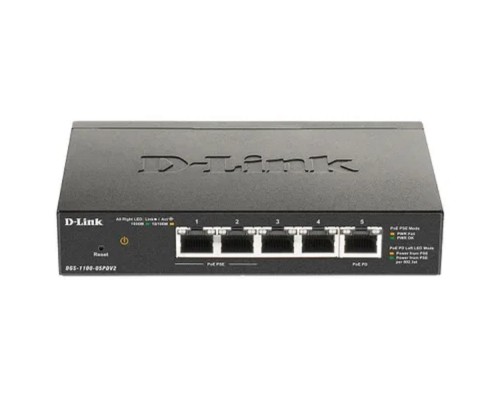 [Сетевое оборудование] D-Link DGS-1100-05PDV2/A1A Настраиваемый L2 коммутатор с 5 портами 10/100/1000Base-T (2 порта PoE, 1 порт для питания коммутатора по PoE). (Питание осуществляется только по PoE.)