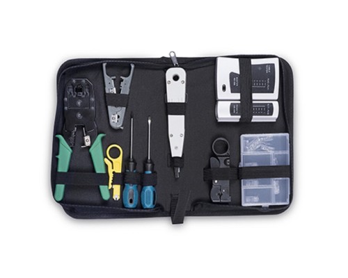 [Cabeus Монтажный инструмент] Cabeus HT-TK-01 Набор инструментов (инструмент обжимной, инструмент для заделки витой пары , зачистки, отвертки, тестер, коннекторы)