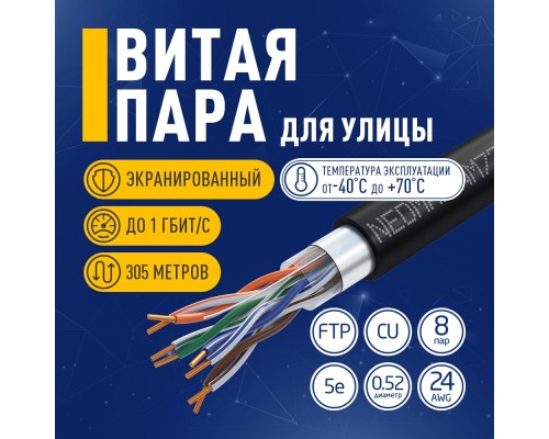 [ Витая пара] Кабель NEOMAX [NM720032-P] F/UTP cat.5e 4x2x0.52, 24 AWG, Медь, внешний, PE, 305м, черный;  Fluke Tested