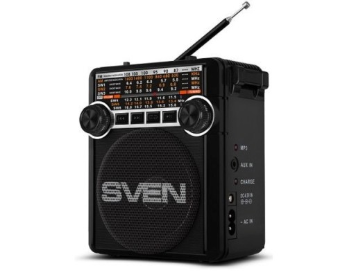 [Колонки] SVEN SRP-355, черный, радиоприемник (мощность 3 Вт (RMS), FM/AM/SW, USB, SD/microSD, фонарь, встроенный аккумулятор)