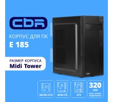 CBR Корпус ATX Miditower E185, без БП, 1*USB 3.0, 2*USB 2.0, HD Audio+Mic, Black [PCC-ATX-E185-USB31-USB22-WPSU]