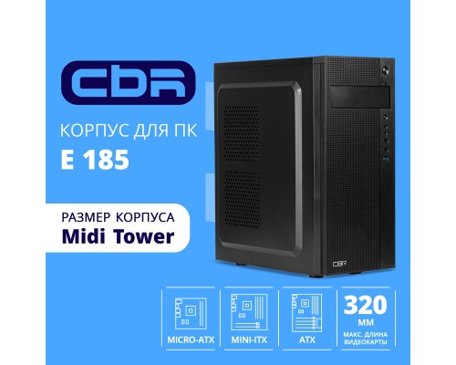 [Корпус] CBR Корпус ATX Miditower E185, без БП, 1*USB 3.0, 2*USB 2.0, HD Audio+Mic, Black [PCC-ATX-E185-USB31-USB22-WPSU]
