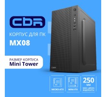CBR Корпус mATX Minitower MX08, без БП, 2*USB 2.0, HD Audio+Mic, Black [PCC-MATX-MX08-WPSU]