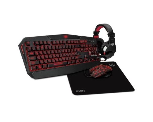 [Клавиатура] Игровой набор клавиатура + мышь + гарнитура + коврик Sven GS-4300 (104 кл.+12Fn, 8 смен. кл., 200-4800DPI)