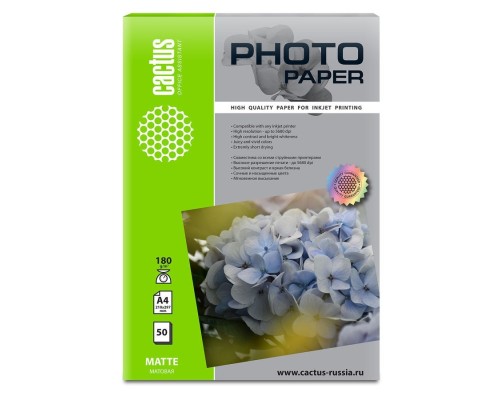 [расходные материалы] Фотобумага Cactus CS-MA418050 A4/180г/м2/50л./белый матовое для струйной печати