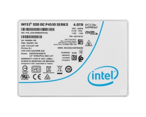 [накопитель] Intel SSD 4Tb DC P4510 Series (4.0TB, 2.5in PCIe 3.1 x4, 3D2, TLC) SSDPE2KX040T807