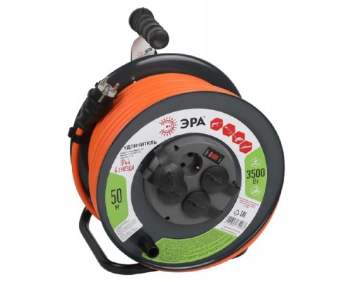 [Эра Силовые удлинители на рамке и на катушке] ЭРА Б0052922 Удлинитель силовой RMx-4es-3x2.5-50m-IP44 на металлической катушке с заземлением с выключателем 4 розетки 50м ПВС