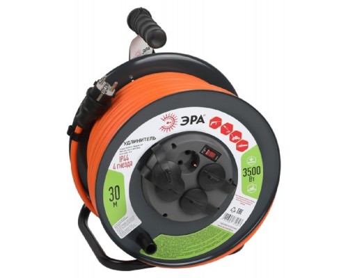 [Эра Силовые удлинители на рамке и на катушке] ЭРА Б0052920 Удлинитель силовой RMx-4es-3x2.5-30m-IP44 на металлической катушке с заземлением с выключателем 4 розетки 30м ПВС
