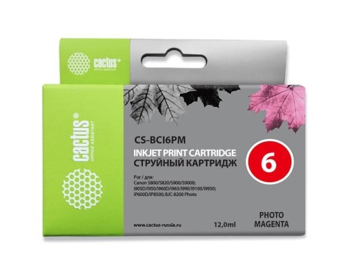 [расходные материалы] Картридж струйный Cactus CS-BCI6PM светло-пурпурный (12мл) для Canon BJC-8200/MP750/MP760/MP780/iP4000/iP5000/iP6000D/iP8500/S800/S820D/S830D/S900/S9000/i865/i905D/i9100/i950/i965/i990/i9900/i9951