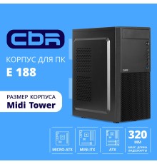 CBR Корпус ATX Miditower E188, без БП, 1*USB 3.0, 2*USB 2.0, HD Audio+Mic, Black [PCC-ATX-E188-USB31-USB22-WPSU]