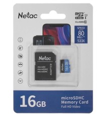 Micro SecureDigital 16GB Netac MicroSD card P500 Standard, retail version w/SD adapter [NT02P500STN-016G-R]