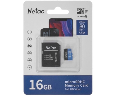 [Карта памяти ] Micro SecureDigital 16GB Netac MicroSD card P500 Standard, retail version w/SD adapter [NT02P500STN-016G-R]