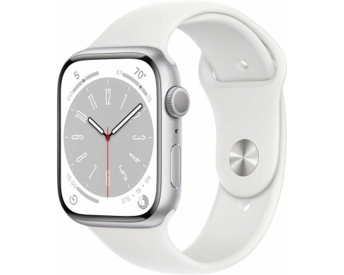 [Умные часы] Apple Watch Series 8, 45 мм, корпус из алюминия серебристого цвета, спортивный ремешок белого цвета, размер M/L [MP6Q3LL/A] (США)