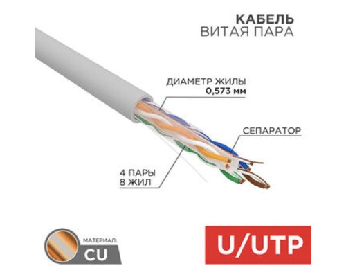 [Неэкранированная витая пара (бухты)] Rexant (01-0067) Кабель витая пара U/UTP, CAT 6, ZH нг(А)-HF, 4PR, 23AWG, INDOOR, SOLID, серый, 305 м