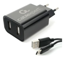 Cablexpert Адаптер питания USB 2 порта, 2.4A, черный + кабель 1м Type-C (MP3A-PC-37)