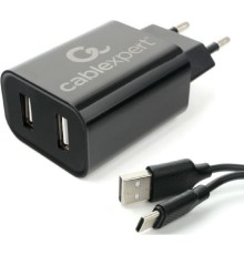 Cablexpert Адаптер питания USB 2 порта, 2.4A, черный + кабель 1м Type-C (MP3A-PC-37)