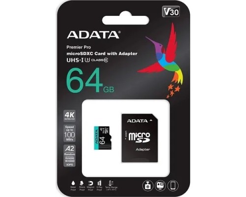 [Карта памяти ] Micro SecureDigital 64GB A-Data AUSDX64GUI3V30SA2-RA1 Premier Pro + adapter  Class10 