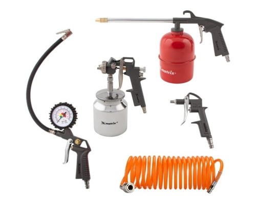 [Компрессоры] MATRIX Набор пневмоинструмента, 5 предметов, быстросъемное соед., краскорасп. с нижним бачком [57302]