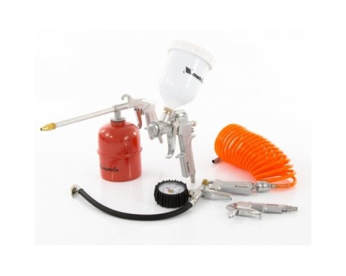 [Компрессоры] MATRIX Набор пневмоинструмента, 5 предметов, быстросъемное соед., краскорасп. с верхним бачком [57304]