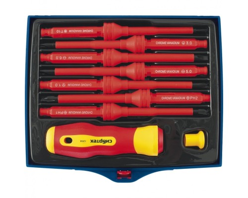 [Отвертки, Молотки, Кувалды, Киянки, Топоры] СИБРТЕХ Отвертка со сменными жалами, диэлектрическая до 1000 В, 9 предм., CrV [12938]