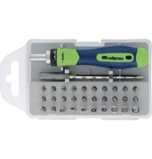 СИБРТЕХ Отвертка реверсивная для точных работ с набором бит и торцевых головок, 32 предм., CrV [13370]