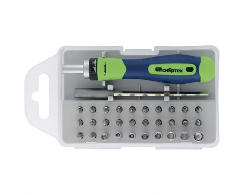 [Отвертки, Молотки, Кувалды, Киянки, Топоры] СИБРТЕХ Отвертка реверсивная для точных работ с набором бит и торцевых головок, 32 предм., CrV [13370]