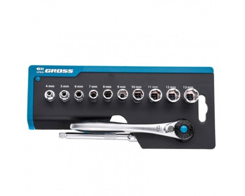 [Наборы инструмента] GROSS Набор торцевых головок, трещотка 120 зубьев, 12 предметов, 1/4
