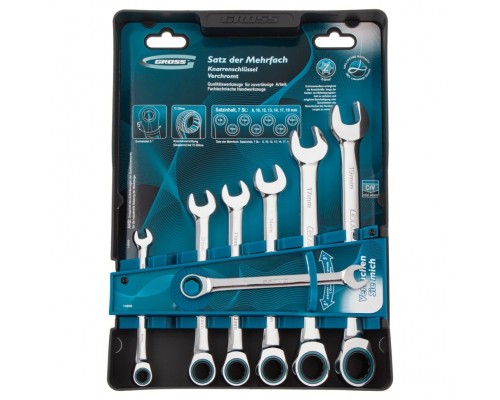 [Ручной инструмент] GROSS Набор ключей комбинированных с трещоткой, 8 - 19 мм, 7шт., CrV [14890]