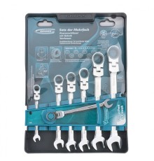 GROSS Набор ключей комбинированных с трещоткой, 8 - 19 мм, 7шт., шарнирные, CrV [14891]