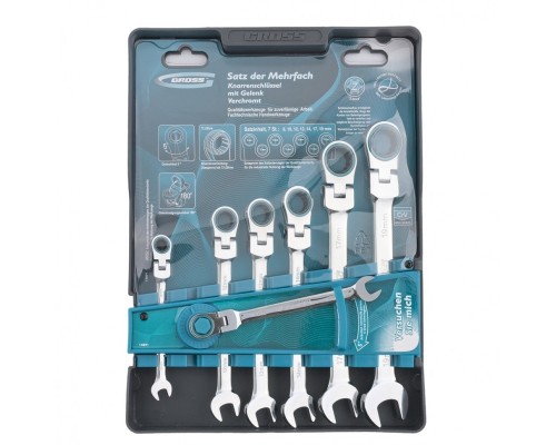 [Ручной инструмент] GROSS Набор ключей комбинированных с трещоткой, 8 - 19 мм, 7шт., шарнирные, CrV [14891]