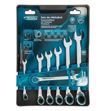 GROSS Набор ключей комбинированных с трещоткой, 8 - 19 мм, 7шт., реверсивные, CrV [14892]