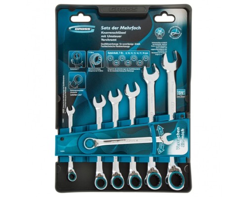 [Ручной инструмент] GROSS Набор ключей комбинированных с трещоткой, 8 - 19 мм, 7шт., реверсивные, CrV [14892]