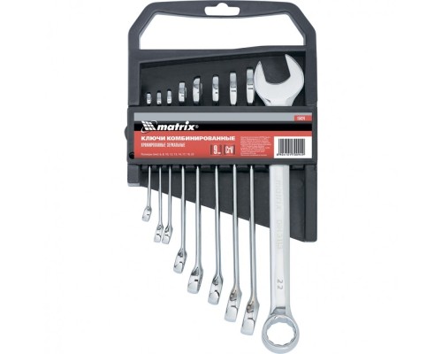 [Ручной инструмент] MATRIX Набор ключей комбинированных, 6 - 22 мм, 9 шт., CrV, полированный хром [15424]