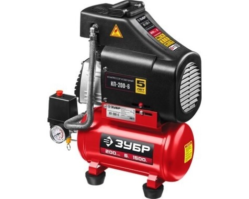 [Компрессоры] Компрессор поршневой Зубр КП-200-6 безмасляный 200л/мин 6л 1500Вт красный