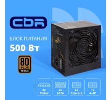 Блок питания CBR ATX 500W 80+ Bronze, DC-DC, APFC, 0.6mm, 24pin, 1*8-pin(4+4P), 2*6+2pin, 4*SATA, 4*IDE, 12cm fan, 1.5м кабель питания, черный [PSU-ATX500-12GM] BOX