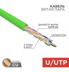 Rexant (01-0071) Кабель витая пара U/UTP, CAT 6, нг(А)-LSLTx, 4х2х0,575мм, 23AWG, INDOOR, SOLID, зеленый, 305м