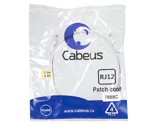 [Cabeus Патч-корды (сетевые, телефонные)] Cabeus PC-TEL-RJ12-1.5m Патч-корд телефонный 2х6р4с, белый, PVC, 1.5 м