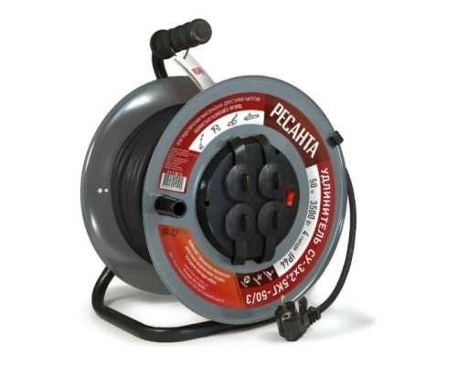 [Ресанта Сварочное оборудование, Инверторы] Удлинитель силовой Ресанта СУ-3х2,5КГ-50/3, розеток 4шт, 3x2.5 кв.мм, 50м, ПВС, катушка металлическая, красный [61/118/10]
