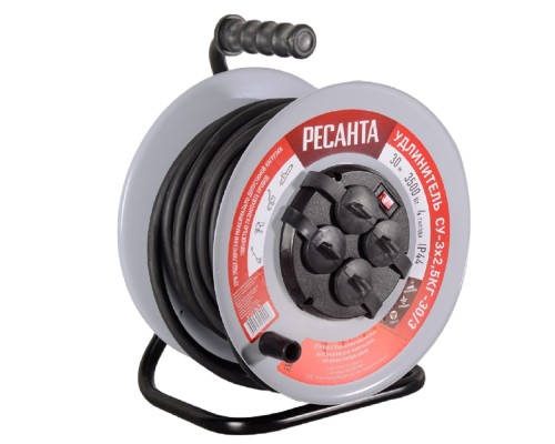 [Ресанта Сварочное оборудование, Инверторы] Удлинитель силовой Ресанта СУ-3х2,5КГ-30/3, розеток 4шт, 3x2.5 кв.мм, 30м, ПВС, катушка металлическая, красный [61/118/9]