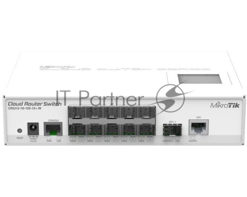 Сетевой коммутатор  Mikrotik CRS212-1G-10S-1S+IN Cloud Router Switch 212-1G-10S-1S+IN with Atheros QC8519 400Mhz CPU, 64MB RAM, 1xGigabit LAN, 10xSFP cages, 1xSFP+ cage, RouterOS L5, LCD panel, desktop case, PSU