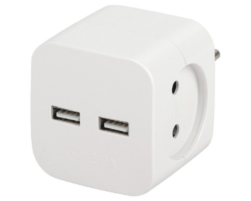 [ЭРА Удлинители бытовые, Сетевые фильтры] ЭРА Б0049531 Разветвитель электрический SP-2-USB-W на 2 розетки 220V + 2xUSB 2400mA, без заземл 10А (белый)