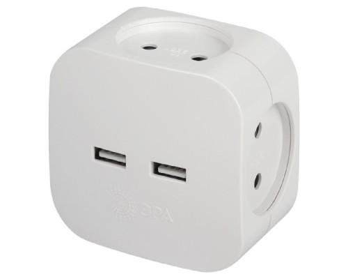 [ЭРА Удлинители бытовые, Сетевые фильтры] ЭРА Б0049532 Разветвитель электрический SP-4-USB-W на 4 розетки 220V + 2xUSB 2400mA, без заземл 10А (белый)