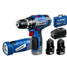 ЗУБР 12В + LED фонарь, 2 АКБ (2Ач), в кейсе, дрель-шуруповерт, Профессионал.  DL-121-22F