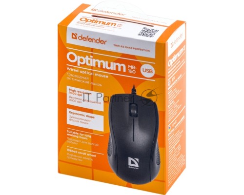 Мышь проводная Defender Optimum MB-160 черный, 1000 dpi, USB, кнопки - 3