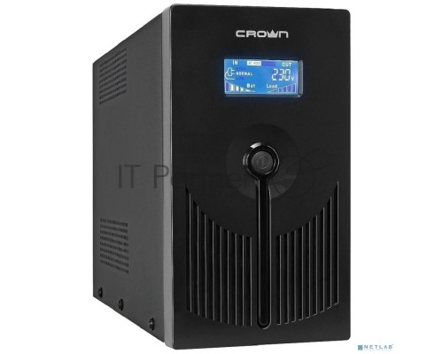 Источник бесперебойного питания CROWN 800VA/510W, металл, 1x12V/9AH, розетки 3*EURO+1*IEC bybass, трансформатор AVR 145-280V, LCD дисплей, съёмный кабель 1.2м, фильтр телефонной и ethernet линии RJ11/45, защита батареи, от перегрузки, от КЗ