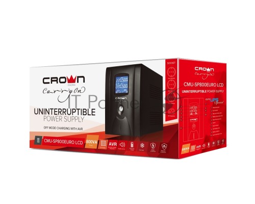 Источник бесперебойного питания CROWN 800VA/510W, металл, 1x12V/9AH, розетки 3*EURO+1*IEC bybass, трансформатор AVR 145-280V, LCD дисплей, съёмный кабель 1.2м, фильтр телефонной и ethernet линии RJ11/45, защита батареи, от перегрузки, от КЗ